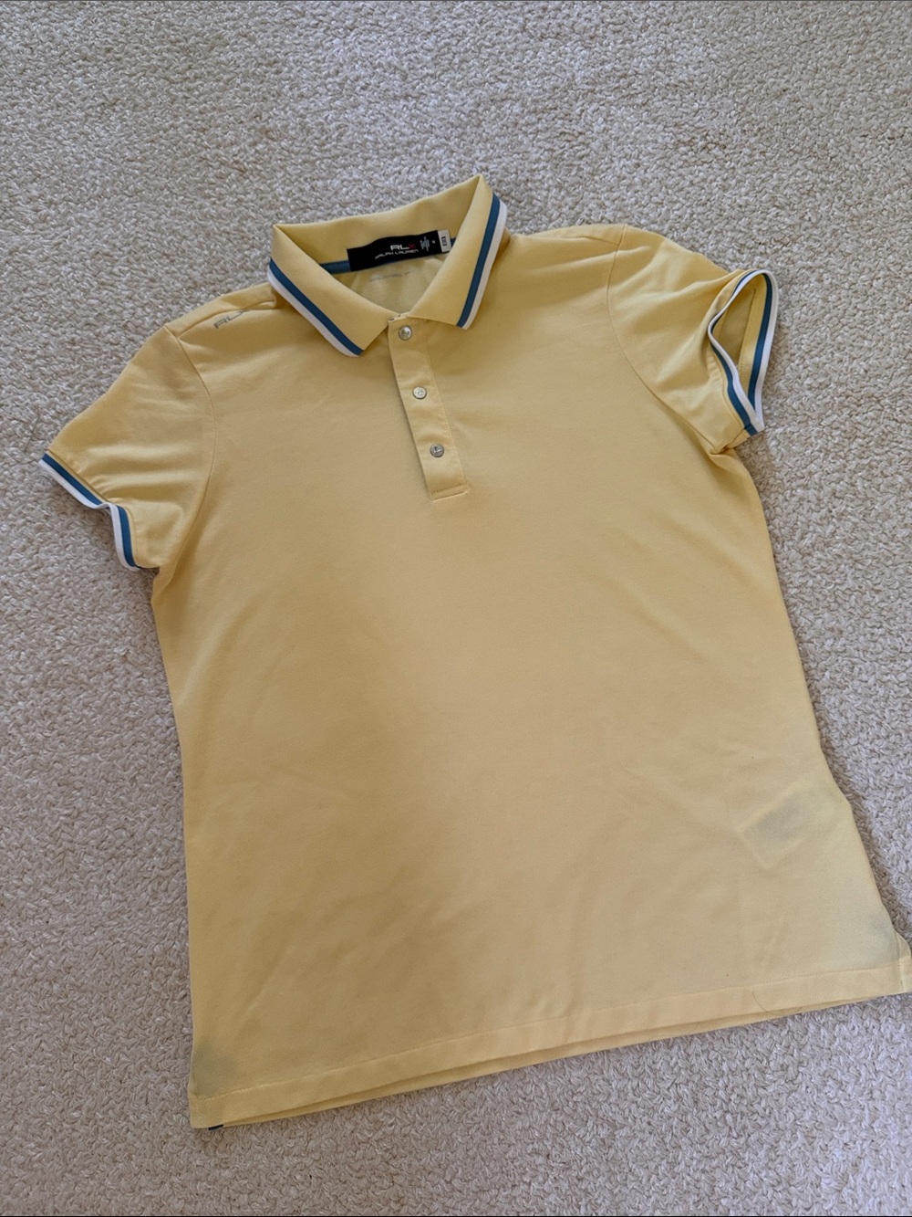Women’s Polo RLX Yellow Polo Shirt with Contrast Bkue Stripe Collar